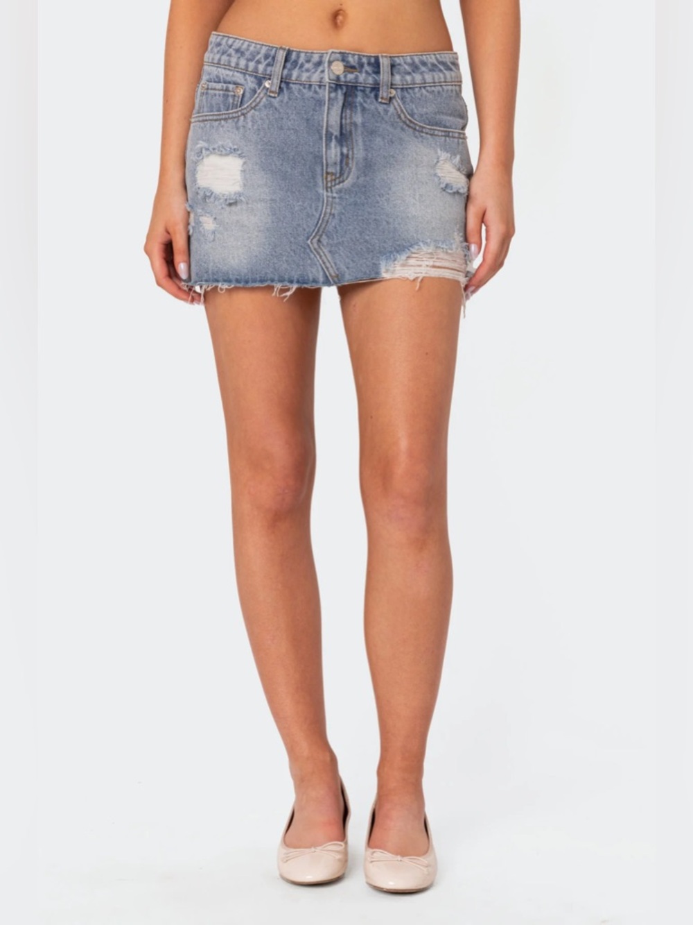 Edikted Ginnie Low Rise Distressed Denim Mini Skirt